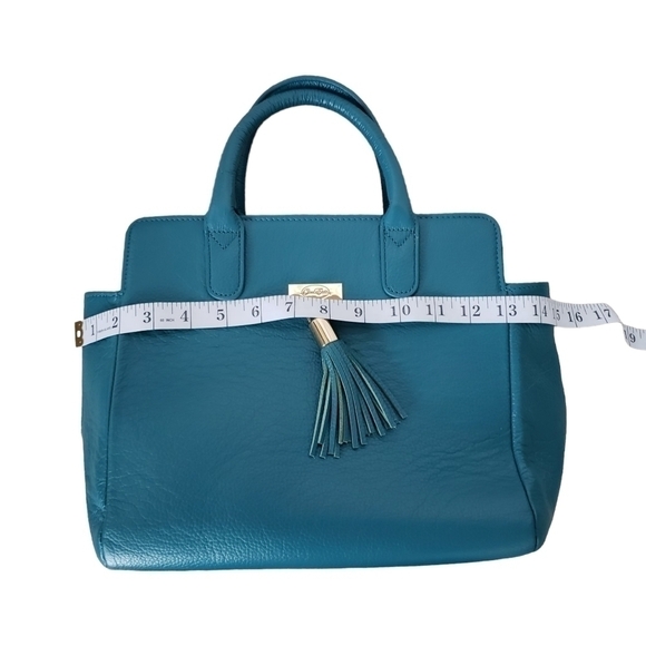 Onna Ehrlich Leather Satchel Bag Gold Details Jewel Teal Tone Like New - Picture 13 of 15